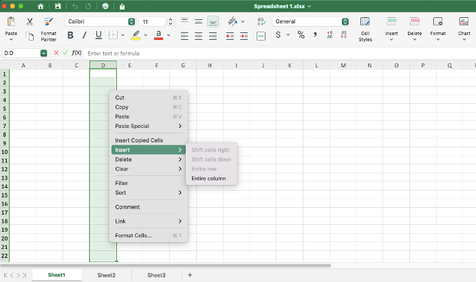 inserting columns in Excel