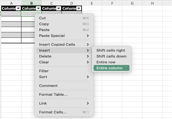 inserting columns in excel table